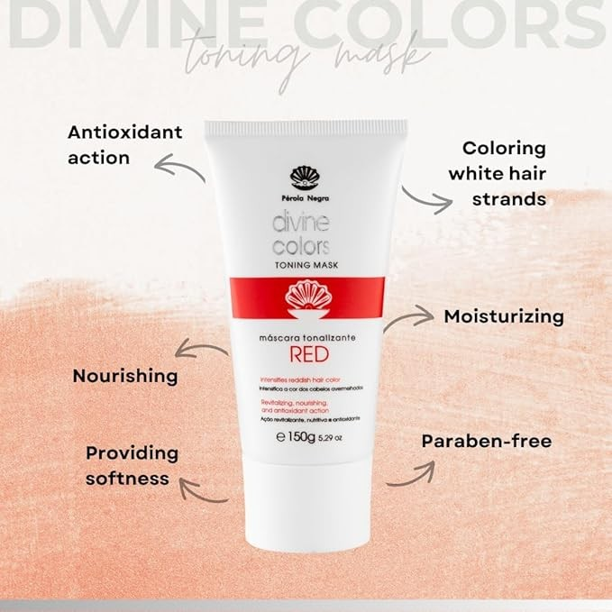 Pérola Negra Divine Colors Toning Mask Red, Intensifies Reddish Hair Color, Revitalizing, Nourishing and Antioxidant Action 5.29 oz