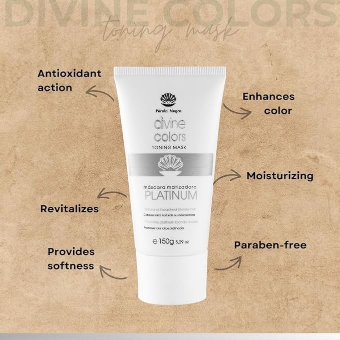 PÉROLA NEGRA Divine Colors Toning Mask Platinum, Natural or Bleached Blonde Hair, Promotes Platinum Blonde Shades 5.29 oz