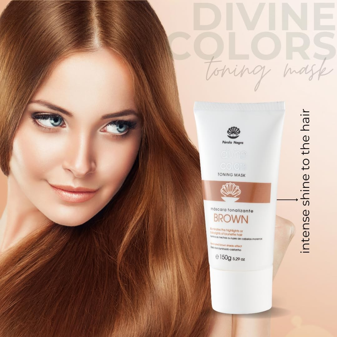 Pérola Negra Divine Colors Toning Mask Brown, Illuminates the Highlights or Babylights of Brunette Hair, Illuminated Brown Shade Effect 5.29 oz