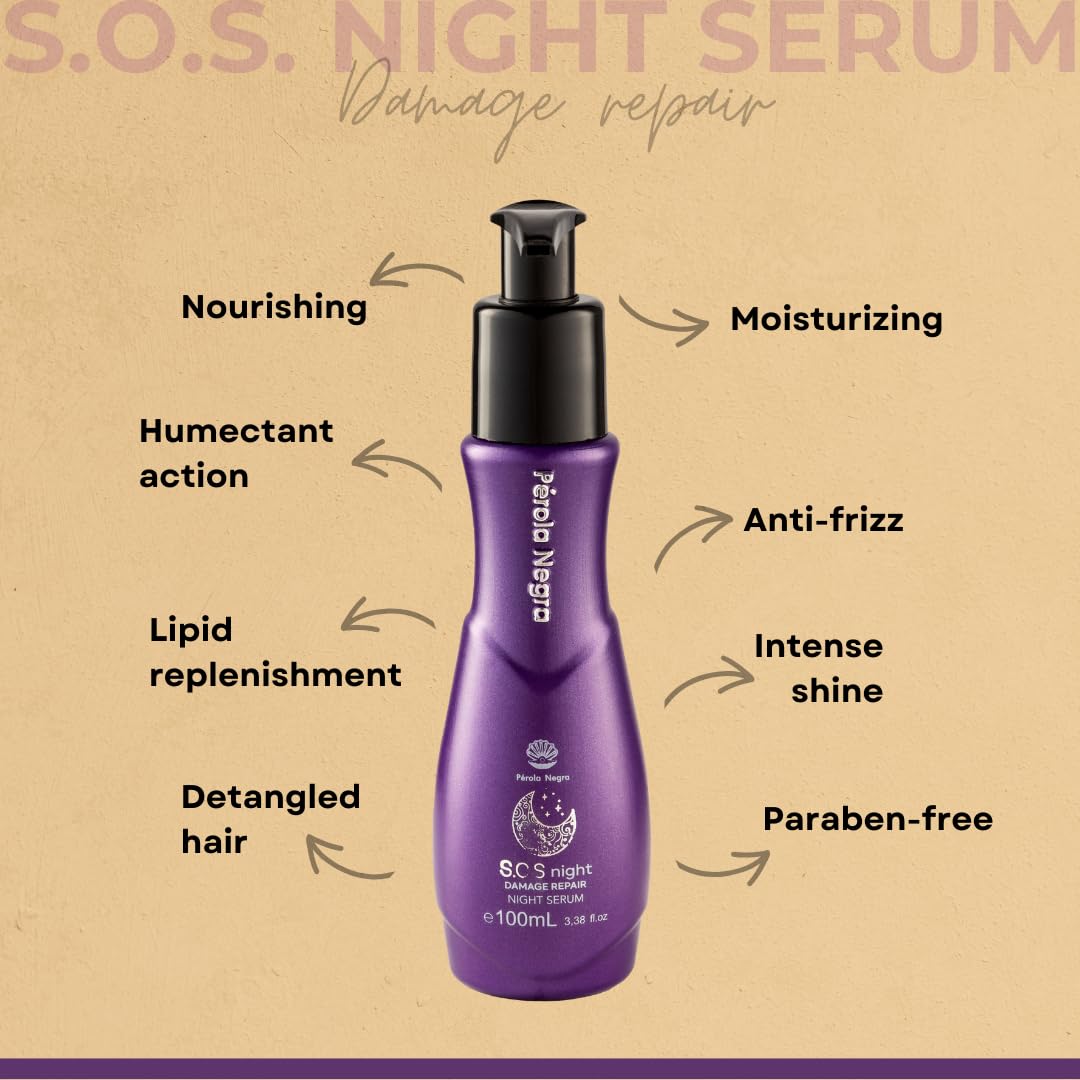 PÉROLA NEGRA S.O.S Night, Damage Repair Night Serum, Vitamin E and Argan Oil 3.38 Fl.oz - Nourishment for dry hair.