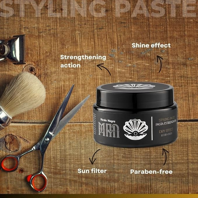 PÉROLA NEGRA Men's Styling Paste, Extra-Strong Hold, Dry Effect, Shapes Hair, 2.82 oz