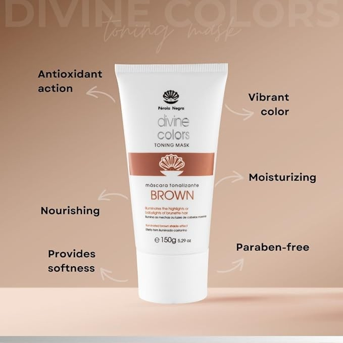 Pérola Negra Divine Colors Toning Mask Brown, Illuminates the Highlights or Babylights of Brunette Hair, Illuminated Brown Shade Effect 5.29 oz