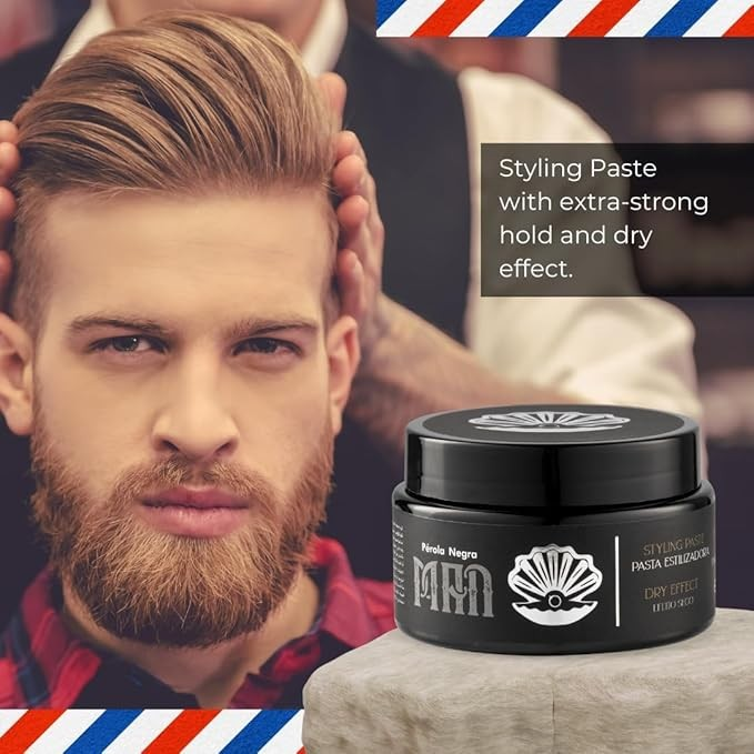 PÉROLA NEGRA Men's Styling Paste, Extra-Strong Hold, Dry Effect, Shapes Hair, 2.82 oz