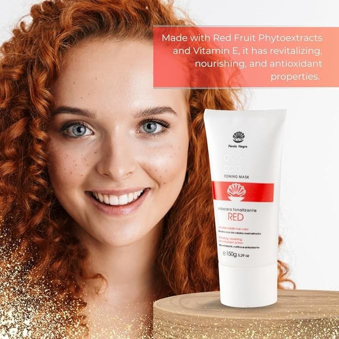 Pérola Negra Divine Colors Toning Mask Red, Intensifies Reddish Hair Color, Revitalizing, Nourishing and Antioxidant Action 5.29 oz