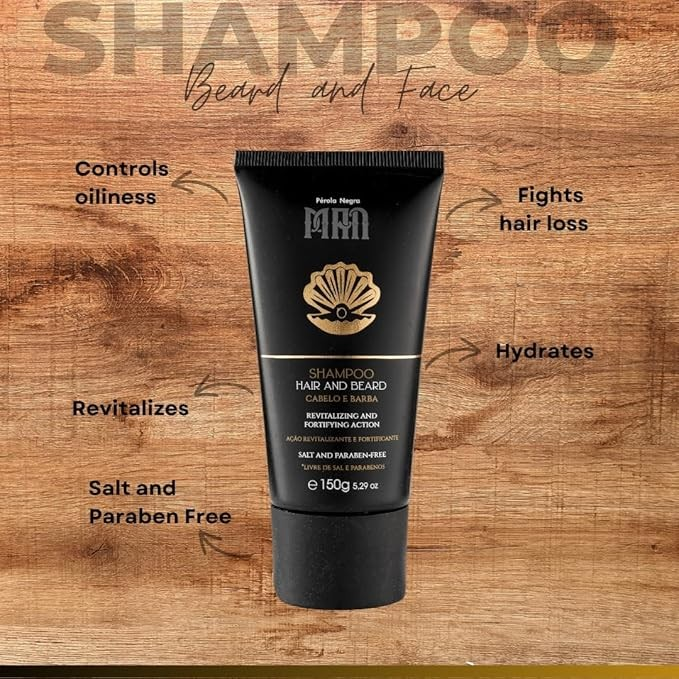 PÉROLA NEGRA Shampoo Hair and Beard for men, Revitalizing and Fortifying Action, Salt and Paraben-Free 5.29 oz
