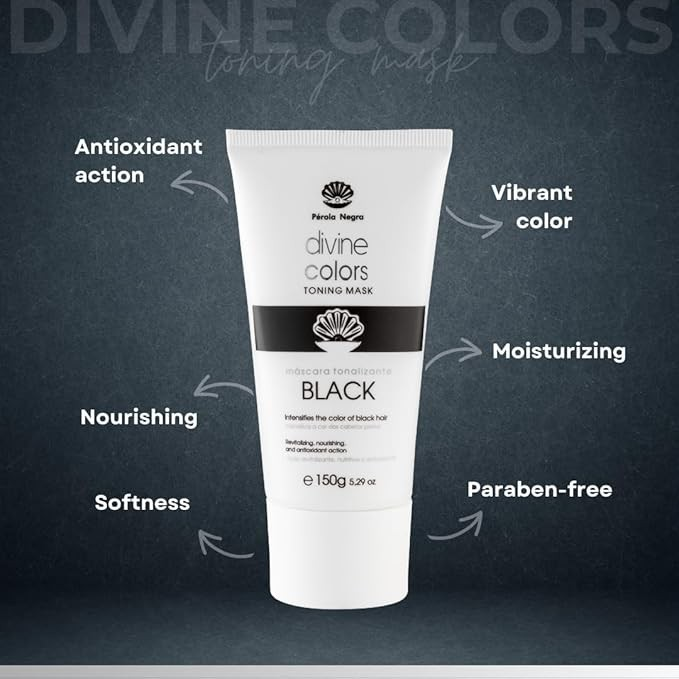 Pérola Negra Divine Colors Toning Mask Black, Illuminates the color of Black Hair, Revitalizing, Nourishing and Antioxidant Action 5.29 oz