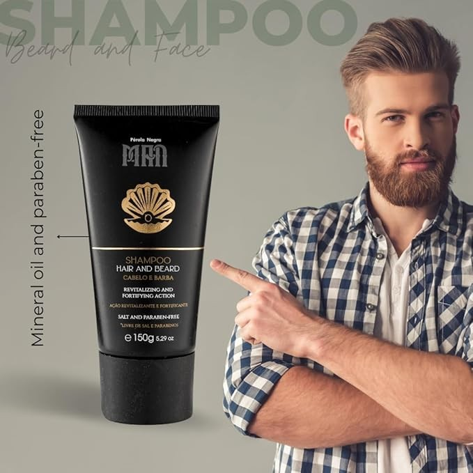 PÉROLA NEGRA Shampoo Hair and Beard for men, Revitalizing and Fortifying Action, Salt and Paraben-Free 5.29 oz
