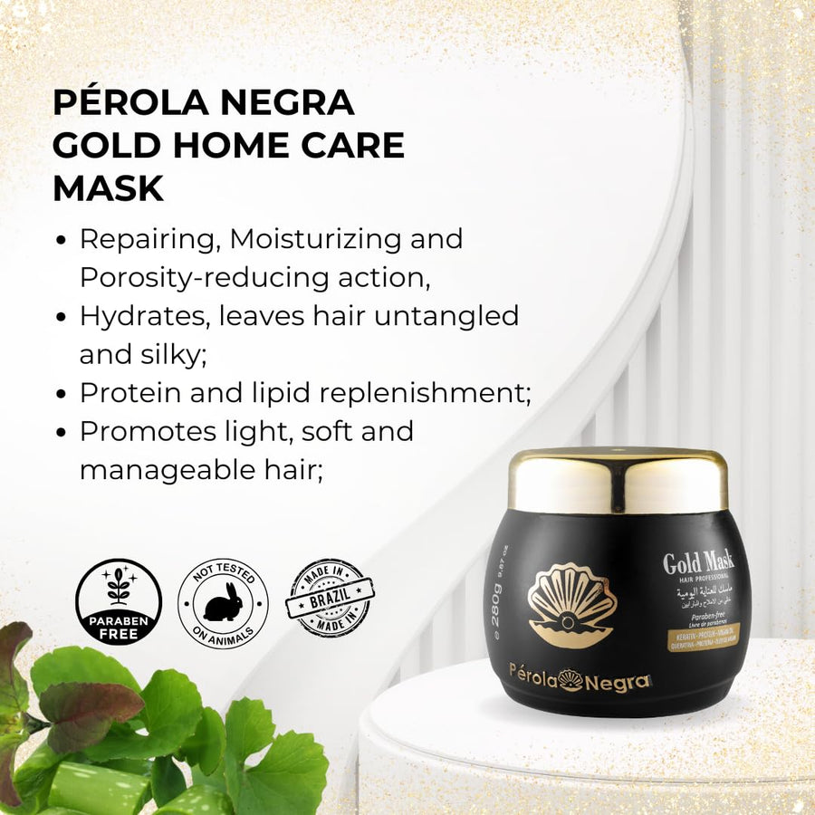 Perola Negra Gold Mask, Controls Frizz & Smooths Hair, Home care hair mask 9,87 oz