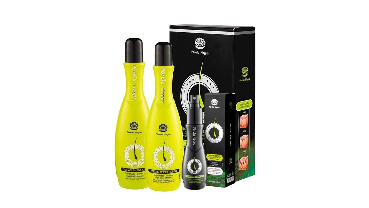 Perola Negra Vegan Anti-Hair Loss Therapy kit Shampoo and Conditioner, for Hair Growth and Thinning Hair - 10.44 fl.oz, Perola Negra Anti-Hair Loss Vegan Tonic, Reduce hair loss, Hair nourishing 4.05 fl.oz